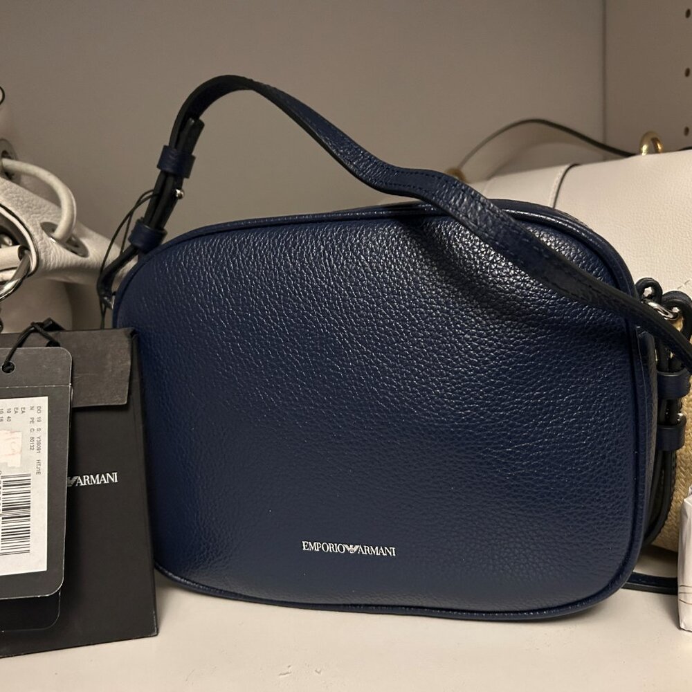 Emporio Armani Midnight Blue Leather Camera Case St Cervo Shoulder Bag